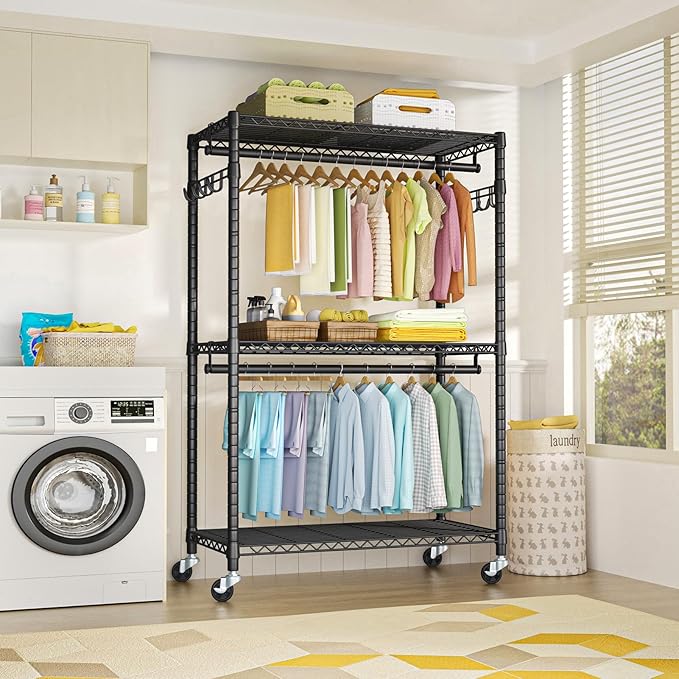 FUTASSI P1 Plus Rolling Clothes Rack, 22mm Diameter Heavy Duty Garment Rack with Wheels, Portable Closet Wardrobe with Double Rods, 45" W x 17.7" D x 80.5" H, Max Load 524 LBS, Black