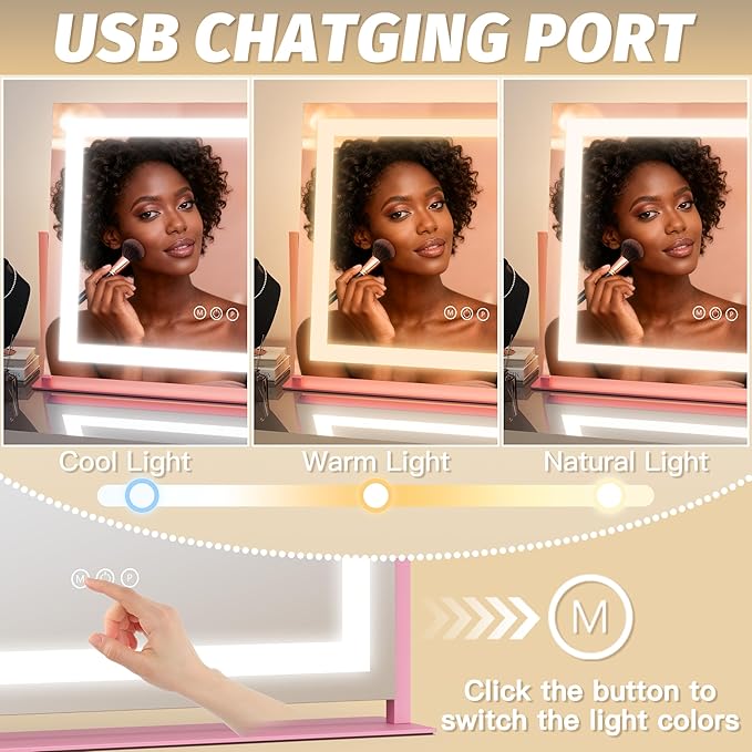 FENNIO Vanity Mirror with Lights 22''x18'' Makeup Mirror with Lights,Lighted Makeup Mirror with 10X Magnification，Smart Touch Screen with 3-Color Lighting,Dimmable（Square Pink）