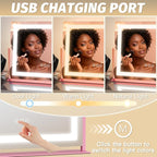 FENNIO Vanity Mirror with Lights 22''x18'' Makeup Mirror with Lights,Lighted Makeup Mirror with 10X Magnification，Smart Touch Screen with 3-Color Lighting,Dimmable（Square Pink）