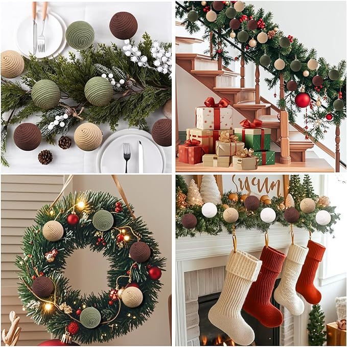 JOICEE 9 Pcs Boho Christmas Ball Ornaments Set, Jute Rope Hanging Balls Neutral Rustic Ornaments Christmas Ball Decoration for Xmas Tree Wreath Garland Party Farmhouse Decor(Green, Linen,Dark Brown)