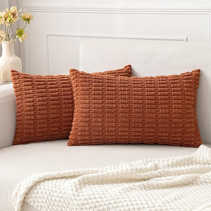 MIULEE Pack of 2 Rust Corduroy Decorative Lumbar Pillow Covers 20x12 Inch Soft Boho Striped Throw Pillow Covers Modern Farmhouse Home Decor for Summer Sofa Living Room Couch Bed