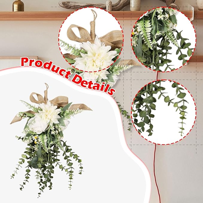 Fancyes Artificial Floral Teardrop Swag Silk Flower Hanging Garland Decorative Ornament Reusable Wall Accent Suitable for Gift Giving Home Decoration Office W, White