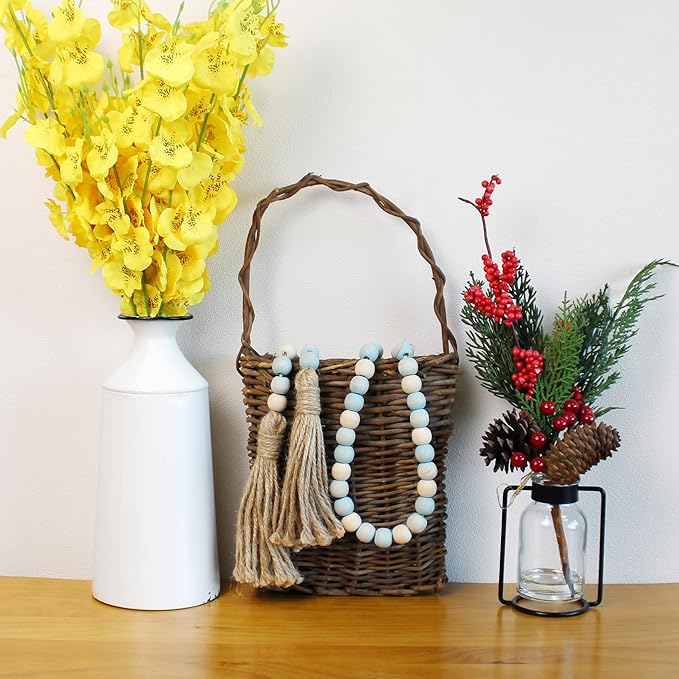 CVHOMEDECO. Wood Beads Garland with Tassels Farmhouse Rustic Wooden Prayer Bead String Wall Hanging Accent for Home Festival Decor. Teal Mix Distressed