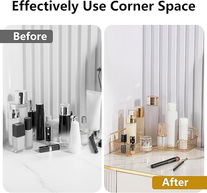 YCIA&DONE Corner Bathroom Counter Organizer, Makeup Organizer for Vanity, Skincare Cosmetic Perfume Tray, Corner Countertop Shelf Rack Storage for Bathroom Kitchen 1 Tier (Amber Gold)