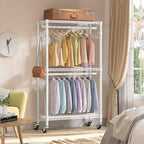 VIPEK R2 Medium Heavy Duty Clothes Rack Rolling Clothing Rack Adjustable Metal Wire Shelving Portable Closets with Double Hanging Rods, Side Hooks, Freestanding Closet Racks Wardrobe, White