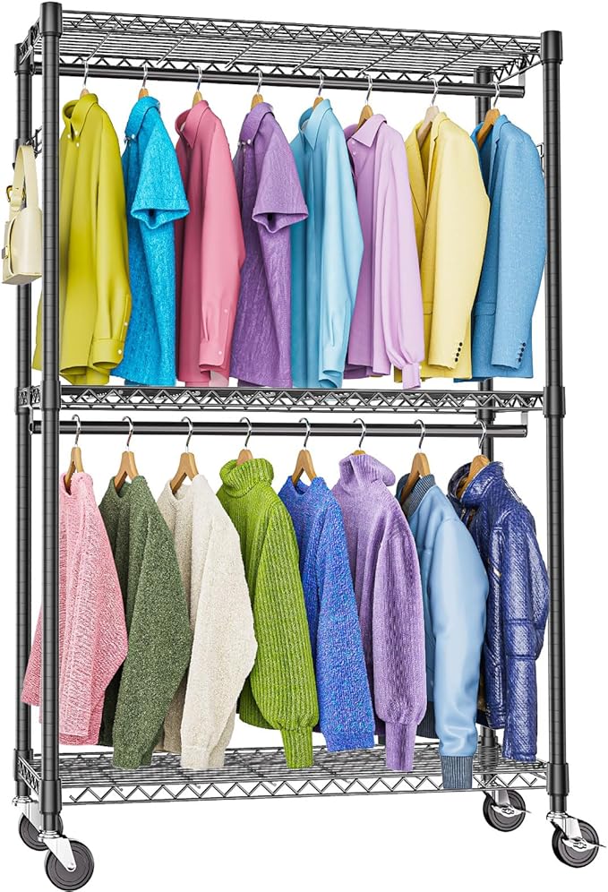 Heavy Duty Rolling Garment Rack 3 Tiers Adjustable Wire Shelving Clothes Rack with 2 Rods and Side Hooks,Storage Closet Clothing Rack with Wheels Black 15.7" D x 45.3" W x 79.6" H