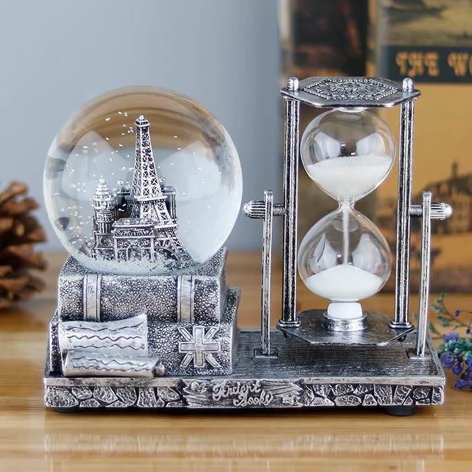 LED MusicCrystal Snow Globe， Sand Timer ，Hourglass,Home Decor,Table Decor for Living Room ，Office Desk Decorations[ Silver Tower]