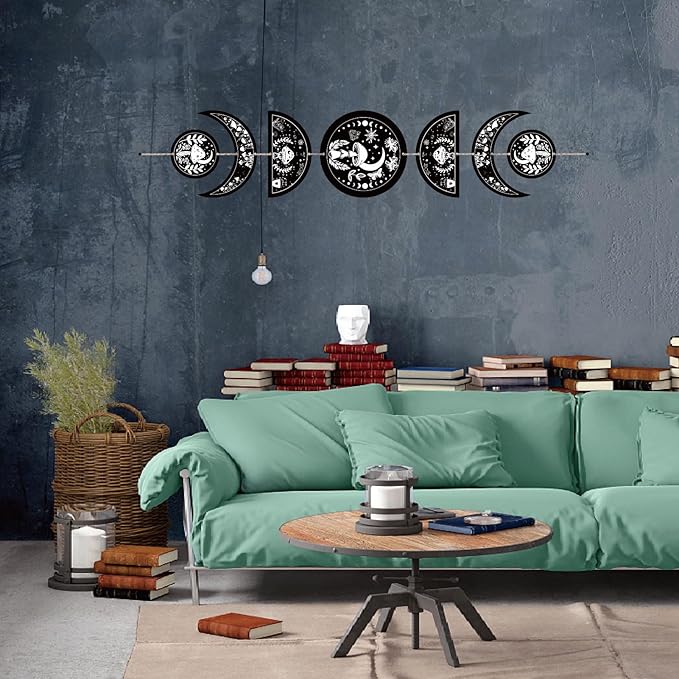 CREATCABIN 7Pcs Mushroom Tarot Moon Phase Hanging Moon Cycle Wall Decoration Wooden Half Round Pendant Ramadan Halloween Fall Home Ornament for Bedroom Farmhouse Gallery Apartment Bar 37.1x6.3in