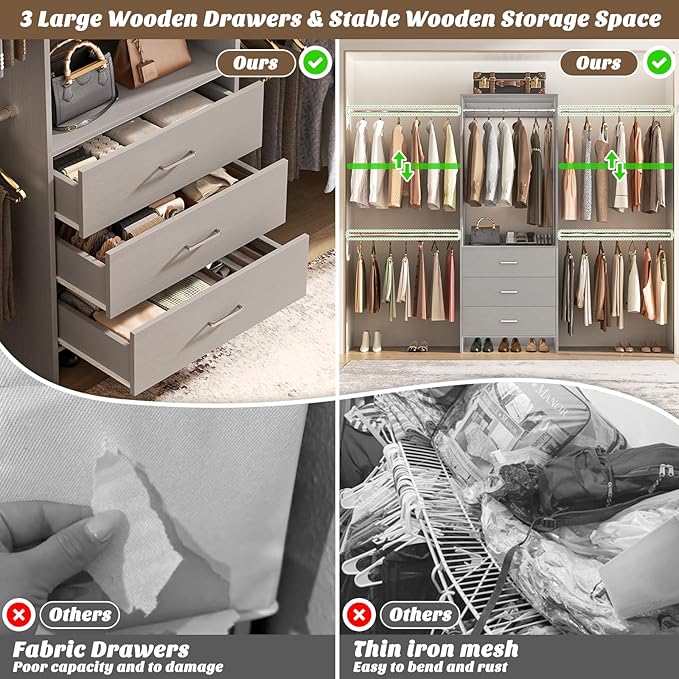 Aheaplus Closet System, Closet Organizer with 3 Wooden Drawers, Closet Organizer System, Walk-in Closet Wardrobe Clothes Rack with 4 Hanging Rods, Garment Rack, -4R, Grey