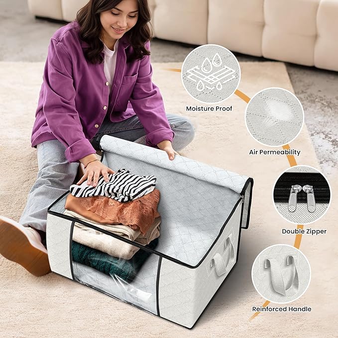 Fab totes 6 Pack Clothes Storage, Foldable Thick Fabric Blanket Storage Bags, Containers for Organizing Bedroom, Closet, Clothing, Comforter, Organization with Handle,Ivory White
