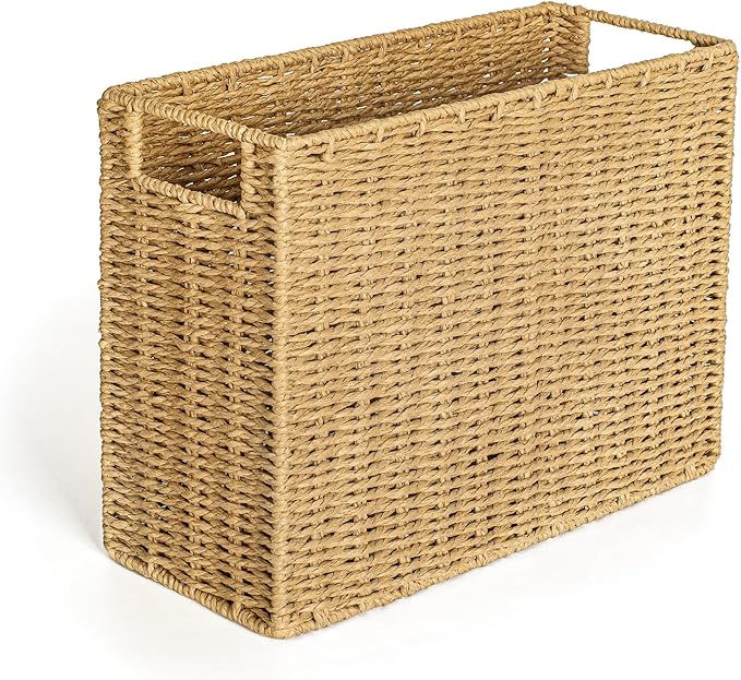 AELS Woven Natural Fibre Magazine Holder, Magazine Rack Floor, Hand-woven Magazine Organizer, Natural Paper Rope Magazine Basket with Handles, Boho Modern Farmhouse Book Basket, Newspaper Holder