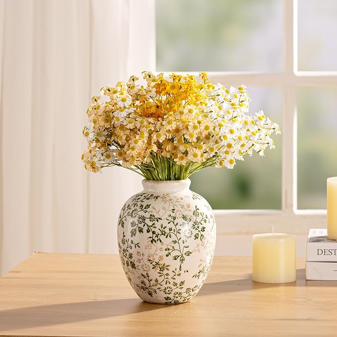 Ceramic Rustic Vase, Green and Beige Flower Vintage Decorative Vase Chinoiserie Decor Rustic Farmhouse Retro Floral Vases for Table Bookshelf Mantel Kitchen Living Room Office- 7.8inch