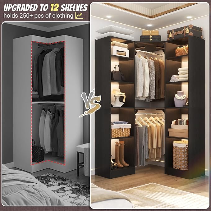 Corner Closet System with 12 Shelves, 39.2" Corner Closet Organizer System with 2 Hanging Rods, Versatile 6-Tier Walk-in Closets for Corner Space, Black (39.2" L x 39.2" W x 80" H)