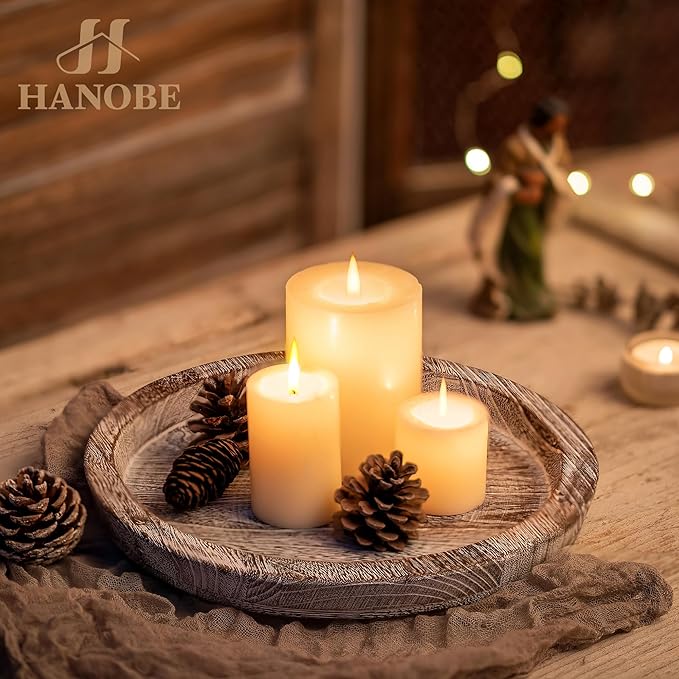 Hanobe Decorative Tray for Coffee Table: Round Candle Plate Holder Centerpieces for Dining Room Kitchen - Wooden Farmhouse Tray Vintage Home Decor
