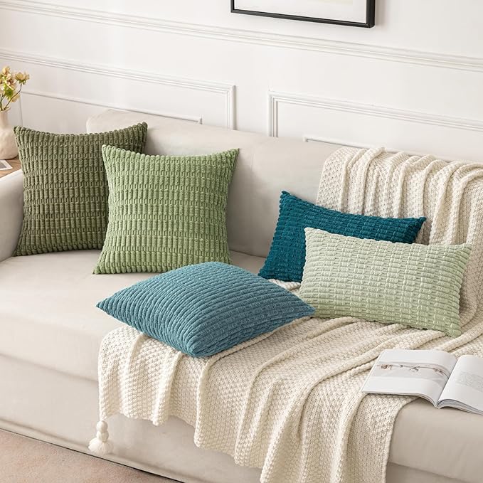 MIULEE Pack of 2 Corduroy Decorative Throw Pillow Covers 16x16 Inch Soft Boho Striped Pillow Covers Modern Farmhouse Home Decor for Summer Coastal Sofa Living Room Couch Bed Coastal Blue