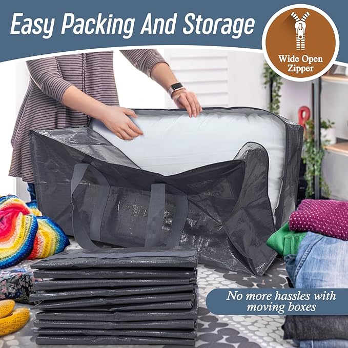 12 Pack Extra Heavy Duty Large Moving Bags with Strong Zipper & Comfortable Handles, Sturdy & Durable Clothes Storage Bags Totes Bins, Packing Moving Boxes for College Supplies, Gray