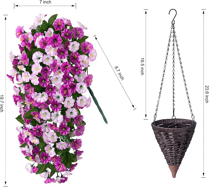 Artificial Fake Flowers Plants Hanging Baskets Outdoor Outside Spring Decor, Faux Silk Light Fuchsia and Fuchsia UV Resistant Look Real Morning Glory Home Patio Porch Balcony Decoration