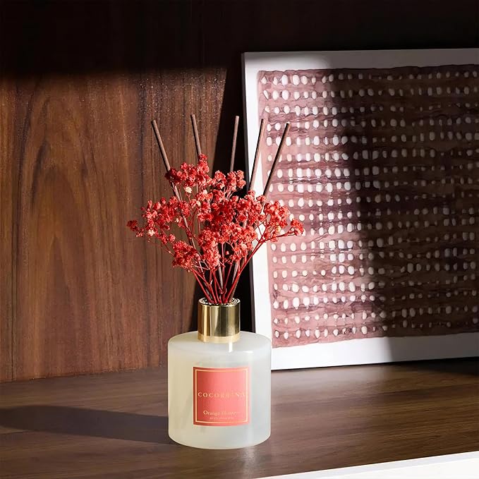 COCORRÍNA Reed Diffuser - Orange Blossom 6.76 Fl.oz Reed Diffuser Sets with Preserved Flowers, Diffuser with 8 Sticks for Bathroom Shelf Decor