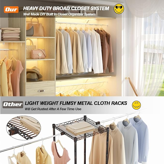Armocity 120 Inches Closet System, 10FT Walk In Closet Organizer with 3 Shelving Towers, Heavy Duty Clothes Rack with 3 Drawers, Built-In Garment Rack, 120" L x 16" W x 75" H, Load 1300 LBS, White Oak