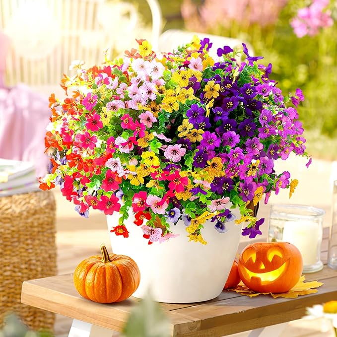 Artificial Flowers for Outdoors,Faux Flowers Daisy with Eucalyptus Leaves for Indoor Garden Home Decoration,UV Resistant Artificial Flower Fake Plants for Porch Patio, 12 Bundles (6 Multicolor)