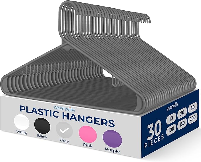 SereneLife 30 Pack Plastic Hangers, Non-Slip, Space-Saving Closet Organizers, Durable and Strong for Shirts, Sweaters, Hoodies, Kids Clothes & Dresses, Ultra-Thin, Lightweight