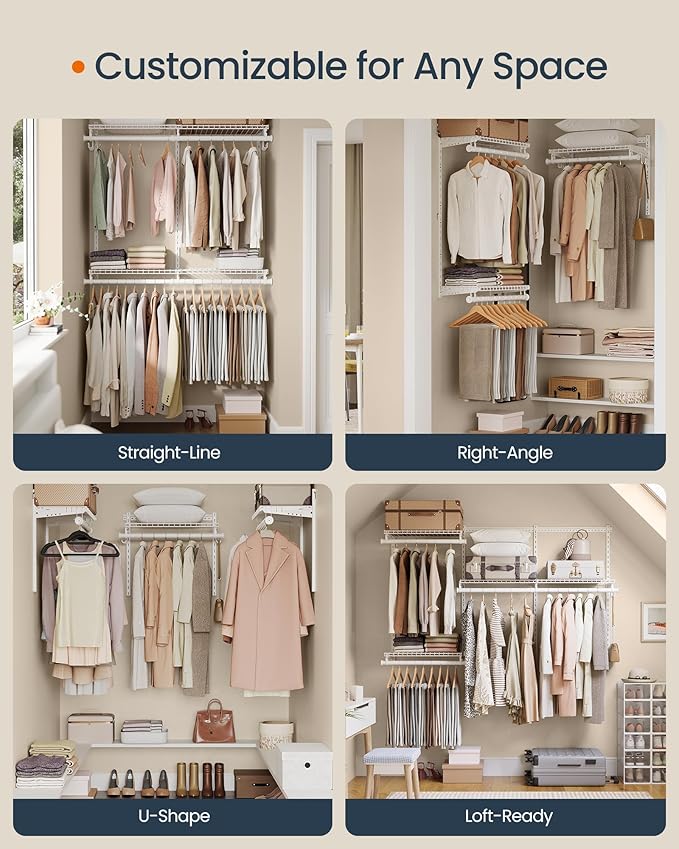 SONGMICS HOME Closet System, Closet Insert Organizer, 2-4 ft, Adjustable Metal Shelving Unit with 4 Hanging Rods, 4 Shelves, and Hooks, for Pantry Mudroom Garage Basement, Cloud White URGR031W01