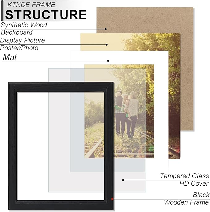 KTKDE 11x13 Picture Frame,Display Pictures 8x10 with Mat or 11x13 Without, Tempered Glass,13 by 11 Black Wooden Frame Wall Gallery Poster Frame best gift