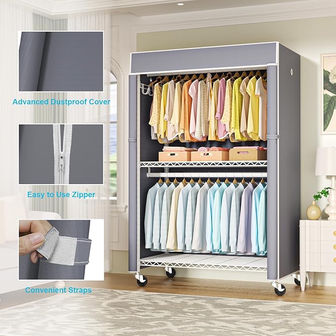 FUTASSI White Clothing Rack with Grey Cover, P1C Plus Rolling Closets with Wheels, Metal Garment Rack for Hanging Clothes, Clothing Storage Wardrobe, 46" W x 18.5" D x 80.7" H, Load 524 Pounds