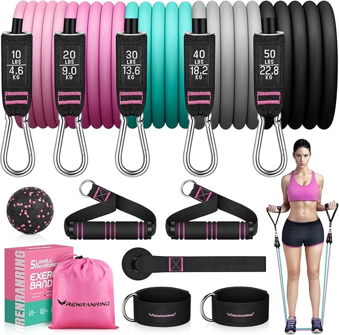RENRANRING Resistance Bands for Working Out, 150LBS Exercise Bands, Workout Bands, Resistance Bands Set with Handles for Men Women, Legs Ankle Straps for Muscle Training