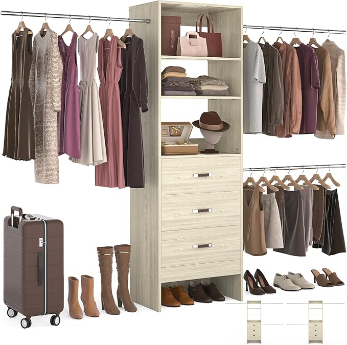 Homieasy 96 Inches Closet Organizer System, 8FT Customizable Walk In Closet Organizer with Hanging Rods, 3 Leather Handle Drawers Garment Rack, 96" L x 16" W x 75" H, Max Load 1000 LBS, White Oak