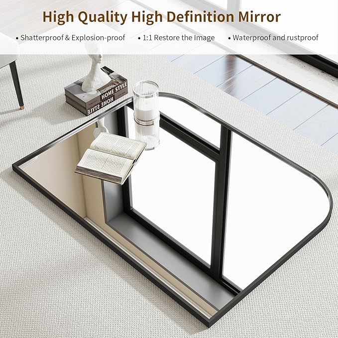 Black Wall Mounted Bathroom Mirror - 38 x 30 Inch Round Cruved Top Right Angle Bottom Wide Wall Mirror, Aluminum Metal Framed, Decor for Living Room, Bedroom, Fireplace, Mantle, Entryway