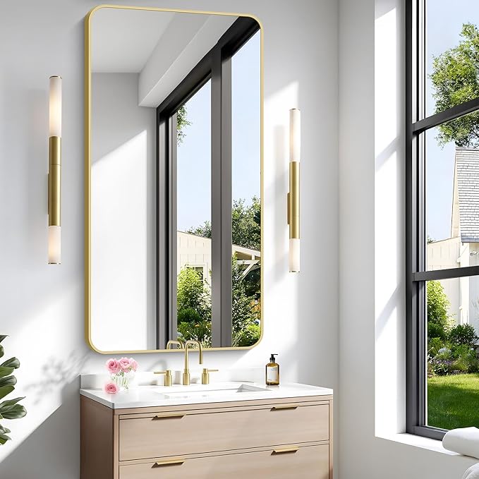 Gold Bathroom Mirror,24x48 inch Wall Mirror for Bathroom Wall Mounted,Round Rectangle Mirror for Bathroom Over Sink,Modern Frame for Home Decor Living Room,Bedroom Entryway,Horizontal/Vertical