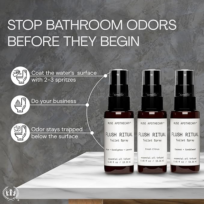 Muse Apothecary Flush Ritual - Aromatic & Refreshing Toilet Spray, Use Before You Go, Infused with Natural Essential Oils - Travel Size Mini Collection, 0.45 oz, 3 Pack