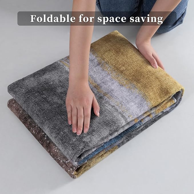 Ciicool 8ft Round Washable Rug, Modern Abstract Circle Rugs, Non-Slip Thin Lightweight Rug Yellow Grey Circular Print Distressed Carpet for Bedroom Living Room Under Dining Table Home Office Decor