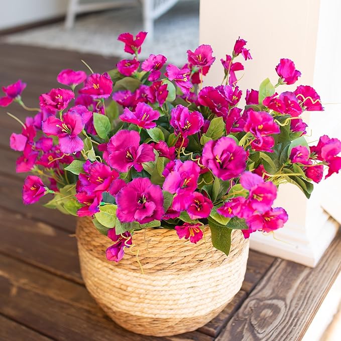 Fake Hibiscus Artificial Flowers for Outdoors Spring Summer Decoration, 6 Bundles Silk Hibiscus Flowers Bouquet UV Resistant Look Real Faux Plants for Outside Planter Front Door Porch Balcony, Fuchsia