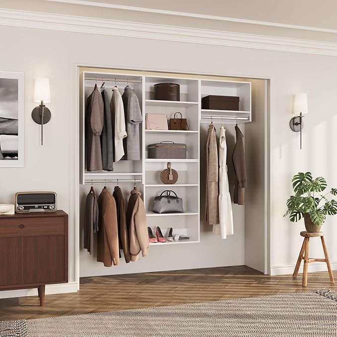 ROOMTEC Modular Closet System, 84" Wall-Mounted Closet Organizer with Hanging Rods, Modern Wooden Tower for Walk-In Closets, Wardrobe Storage Kit, White