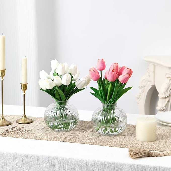 Round Glass Vases, Set of 2 Small Vases for Flowers, Clear Glass Vase for Tulips, Modern Vase for Living Room, Office, Coffee Table, Shelf, Wedding, 5 Inches