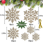 36pcs Christmas Champagne Gold Snowflake Ornaments Plastic Glitter Snow Flakes Ornaments for Winter Christmas Tree Decorations Size Varies Craft Snowflakes