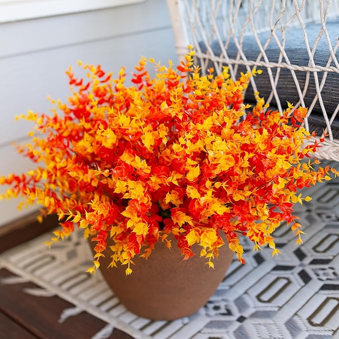 Artificial Fake Fall Autumn Eucalyptus Plants Flowers for Outdoor Outside Decoration, Faux Silk Orange Boxwood Look Real UV Resistant for Home Porch Patio Planter Decor，12 Bundles