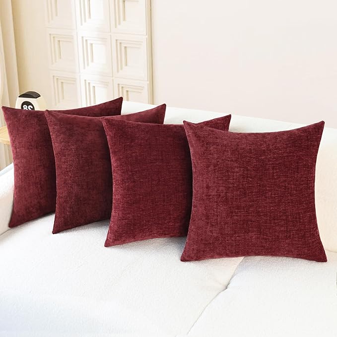 CaliTime Christmas Throw Pillow Covers Decorative 18 X 18 Inches Pack of 4 Cozy Chenille Cushion Cases for Couch Sofa Bed Living Room Home Burgundy