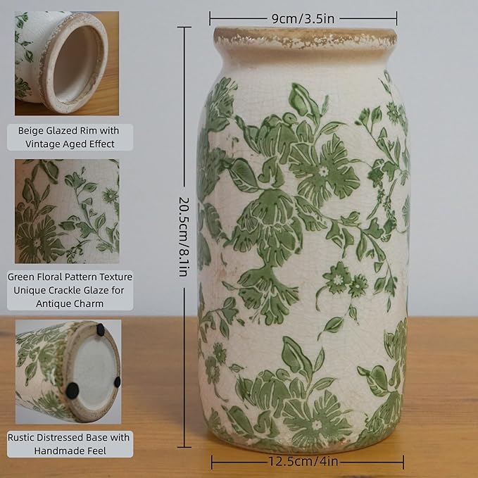 Vintage Green Floral Ceramic Vase, 8 Inch Crackle Glaze Rustic Handmade Vase, Decorative Pottery for Fresh or Dried Flowers, Farmhouse Cottage Modern Rustic Decor