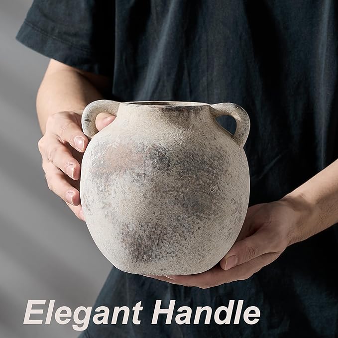 Antique Ceramic Vase, 5.8 Inch Terracotta Vase with Handles, Decorative Rustic Vase for Home Decor, Farmhouse, Living Room, Table, Bedroom, Entrance, Office - Gray