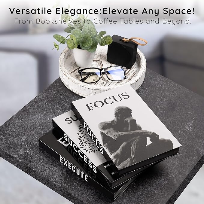 Motivational Desk Décor Set of 3 Decorative Books for Modern Home Office Decor Shelf Aesthetic Black & White Faux/Fake Books for Decoration Minimalist Book Box for Coffee Table Bookshelf TV Stand