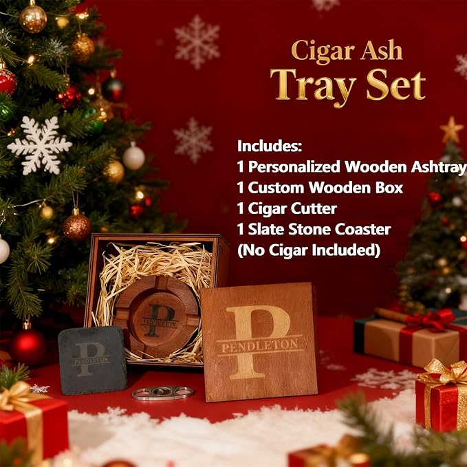 Personalized Name Walnut Cigar Ash Tray Set for Men Custom Wooden Cigar Ashtray Monogramed Men Father's Day Ashtray Gifts for Husband Fathers Groomsmen Papa Grandpa (Retro Tray Set)