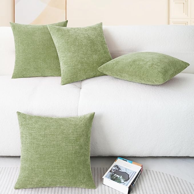 CaliTime Throw Pillow Covers Decorative 18 X 18 Inches Pack of 4 Cozy Chenille Cushion Cases for Couch Sofa Bed Living Room Home Sage Green