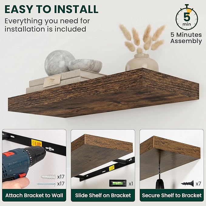 Floating Shelves for Wall 40 in x 9.3 in Deep, Wall Mounted Rustic Wood Shelf with Invisible Brackets for Storage & Display, Living Room Bedroom Bathroom, Brown, 2 Pack