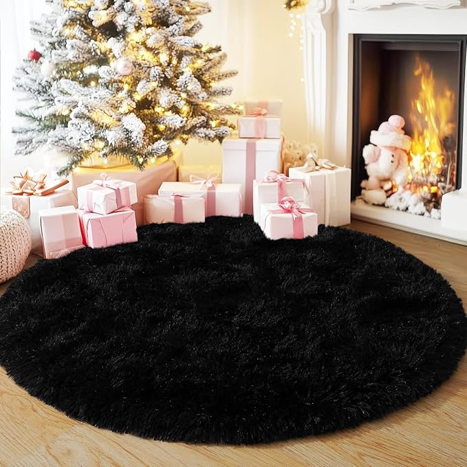 3'x3' Black Round Rug for Bedroom, Ultra Soft Fluffy Circle Rug for Kids Girls Boys Room, Cute Small Shag Rugs for Living Room Playroom Teen Room Home Decor Rug