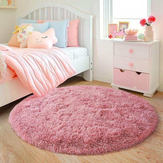 3'x3' Blush Round Rugs for Girls Bedroom, Ultra Soft Fluffy Circle Rug for Kids Room, Cute Small Shag Rugs for Living Room Playroom Tent Castle Home Decor Rug