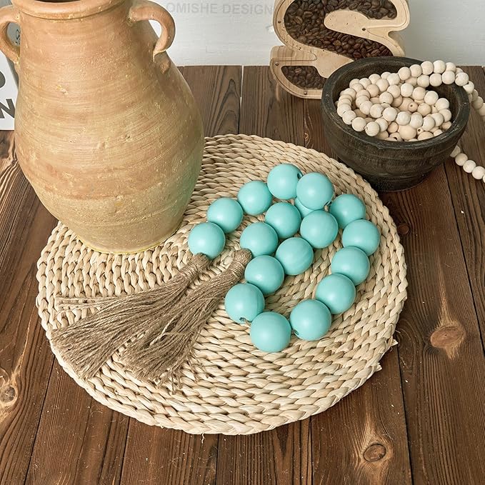 OMISHE Extra Large Wood Bead Garland Aqua Teal with 1.6" Diameter Wooden Beads and Tassels, 41" Long Rustic Farmhouse Country Decorative Beads for Home Decor, Aqua Teal