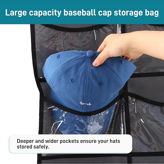 Fixwal Hat Organizer for Baseball Caps, 27 Pocket Over The Door Hat Storage Closet Holder Hanger, Clear Deep Pockets, Baseball Hat Rack for Wall Door with 3 Hooks, Grey